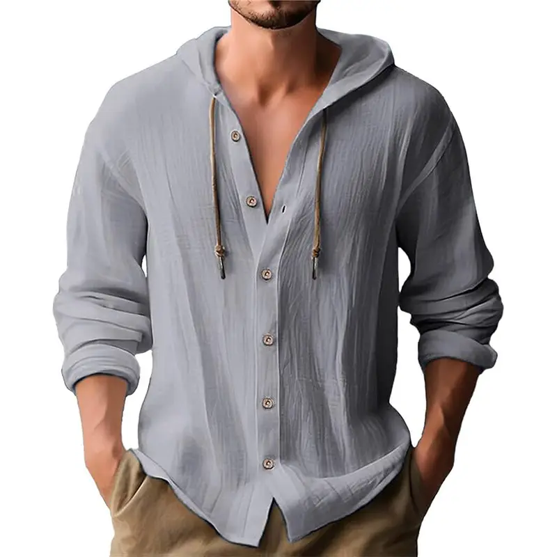 Men Light Blue Hooded Drawstring Shirt Cotton Linen Casual Long Sleeve - Image 24