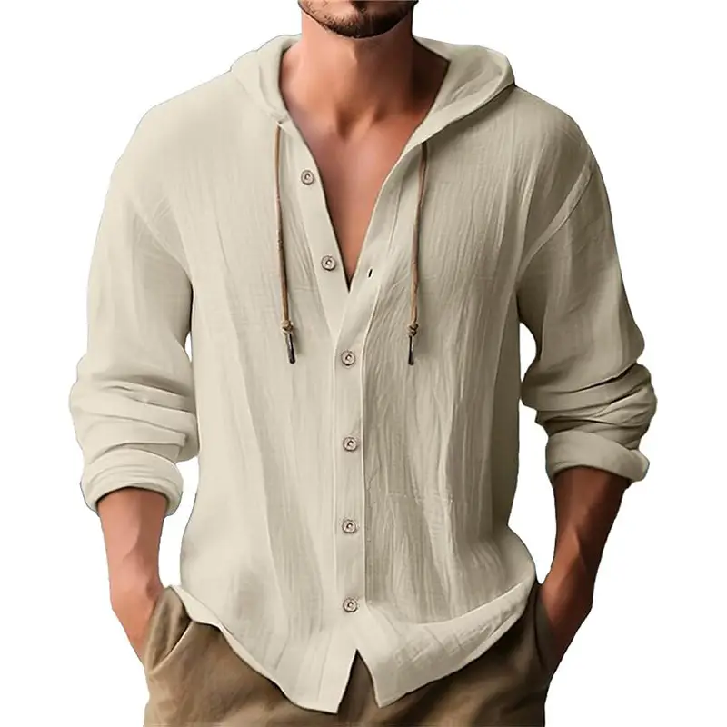 Men Light Blue Hooded Drawstring Shirt Cotton Linen Casual Long Sleeve - Image 25