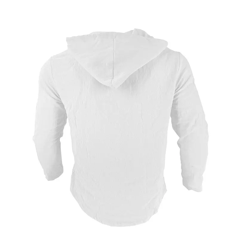 Men Light Blue Hooded Drawstring Shirt Cotton Linen Casual Long Sleeve — feature 11