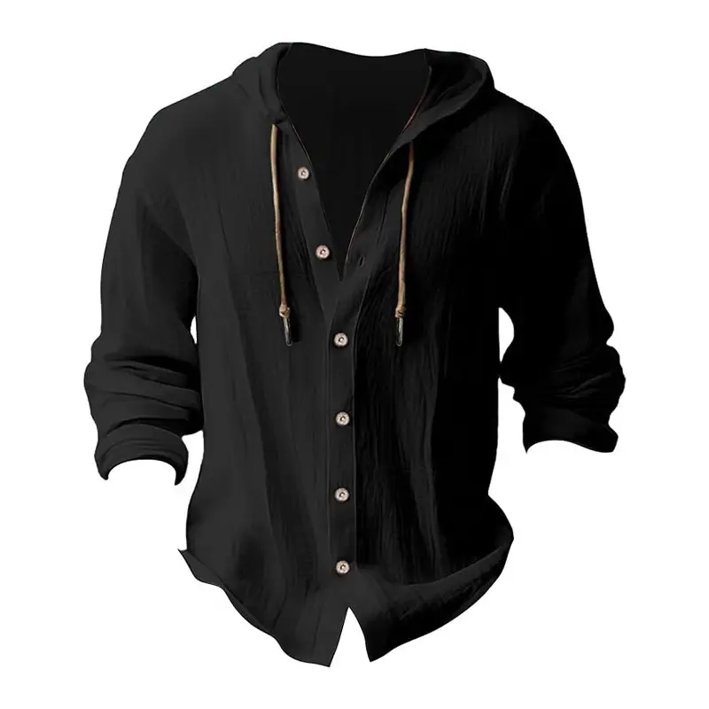 Men Light Blue Hooded Drawstring Shirt Cotton Linen Casual Long Sleeve — feature 15