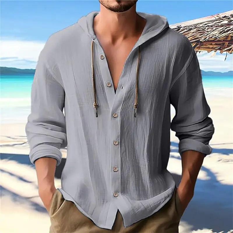 Men Light Blue Hooded Drawstring Shirt Cotton Linen Casual Long Sleeve — feature 16