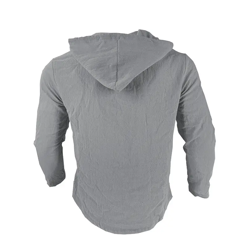 Men Light Blue Hooded Drawstring Shirt Cotton Linen Casual Long Sleeve — feature 17
