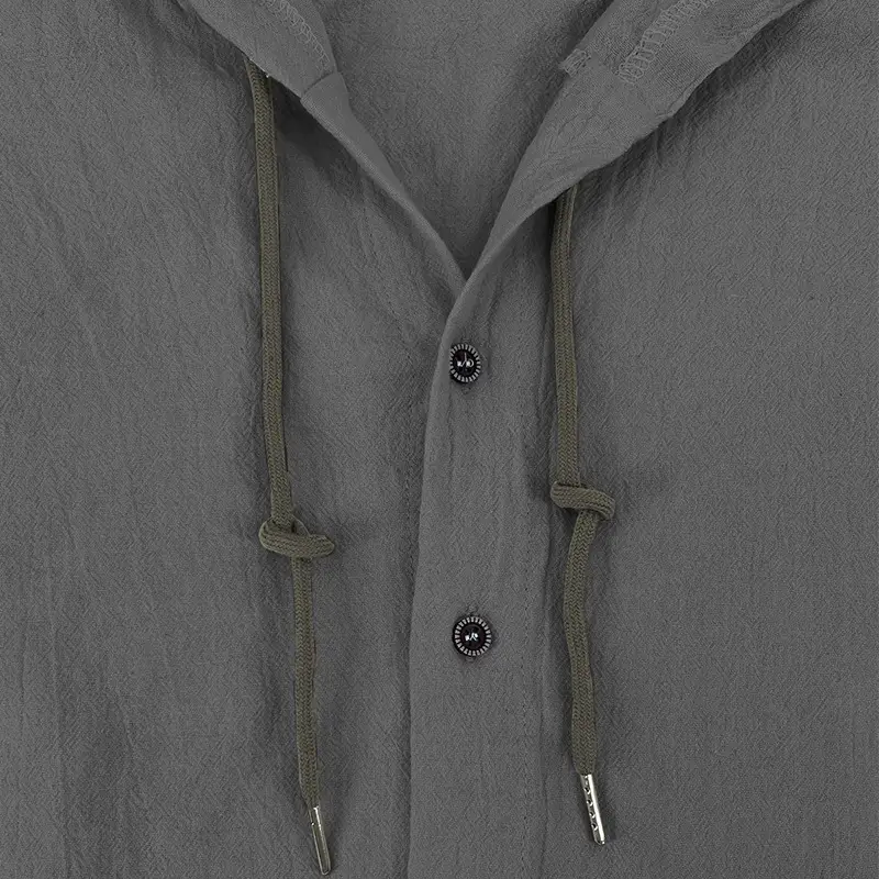 Men Light Blue Hooded Drawstring Shirt Cotton Linen Casual Long Sleeve — feature 19