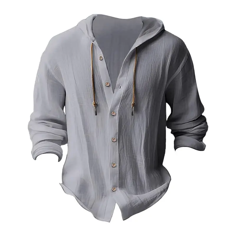 Men Light Blue Hooded Drawstring Shirt Cotton Linen Casual Long Sleeve — feature 23