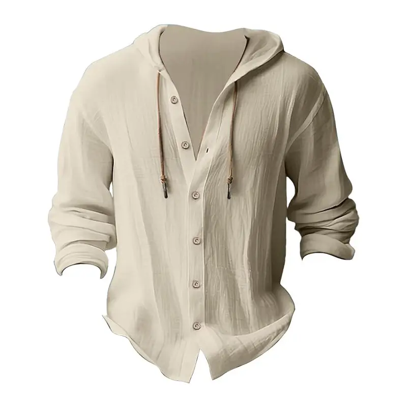 Men Light Blue Hooded Drawstring Shirt Cotton Linen Casual Long Sleeve — feature 25