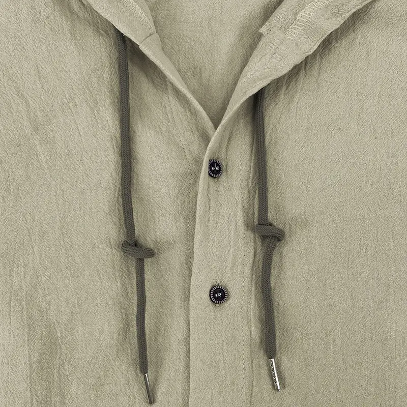 Men Light Blue Hooded Drawstring Shirt Cotton Linen Casual Long Sleeve — feature 26