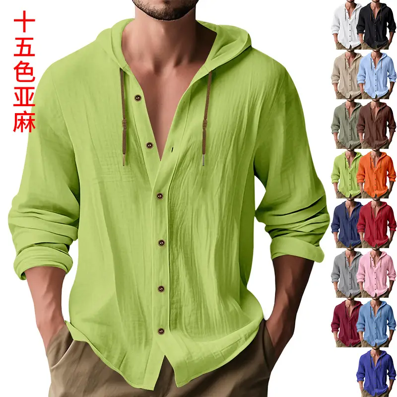 Men Light Blue Hooded Drawstring Shirt Cotton Linen Casual Long Sleeve — feature 3