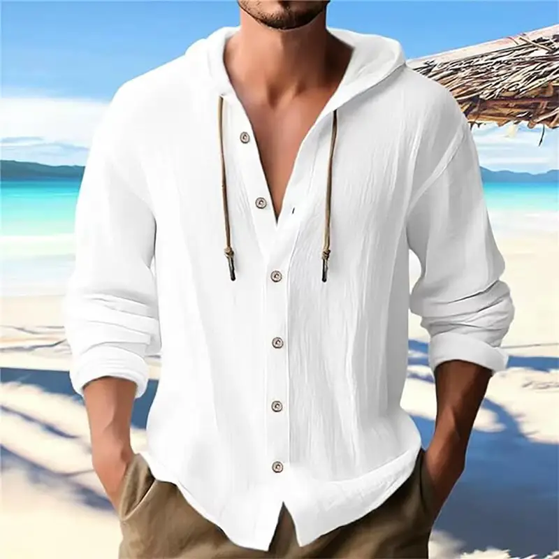 Men Light Blue Hooded Drawstring Shirt Cotton Linen Casual Long Sleeve — feature 4