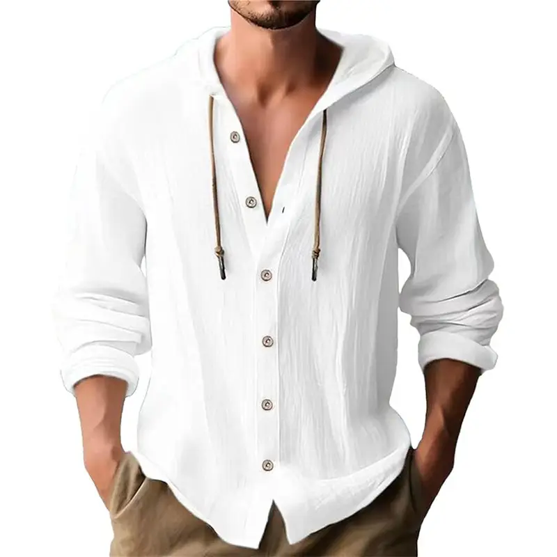 Men Light Blue Hooded Drawstring Shirt Cotton Linen Casual Long Sleeve — feature 5