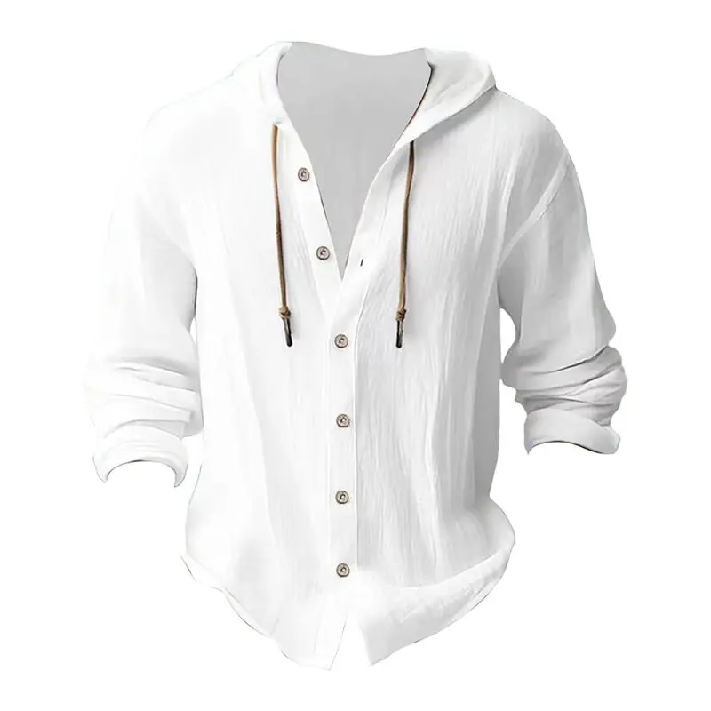 Men Light Blue Hooded Drawstring Shirt Cotton Linen Casual Long Sleeve — feature 6