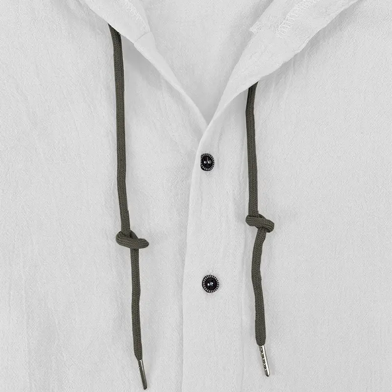 Men Light Blue Hooded Drawstring Shirt Cotton Linen Casual Long Sleeve — feature 8