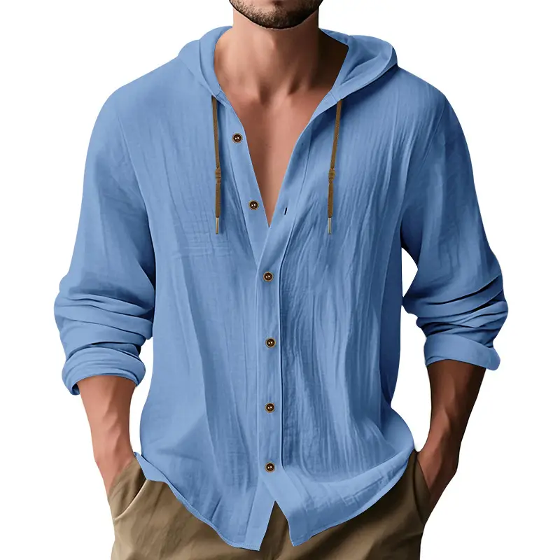 Men Light Blue Hooded Drawstring Shirt Cotton Linen Casual Long Sleeve - Image 20
