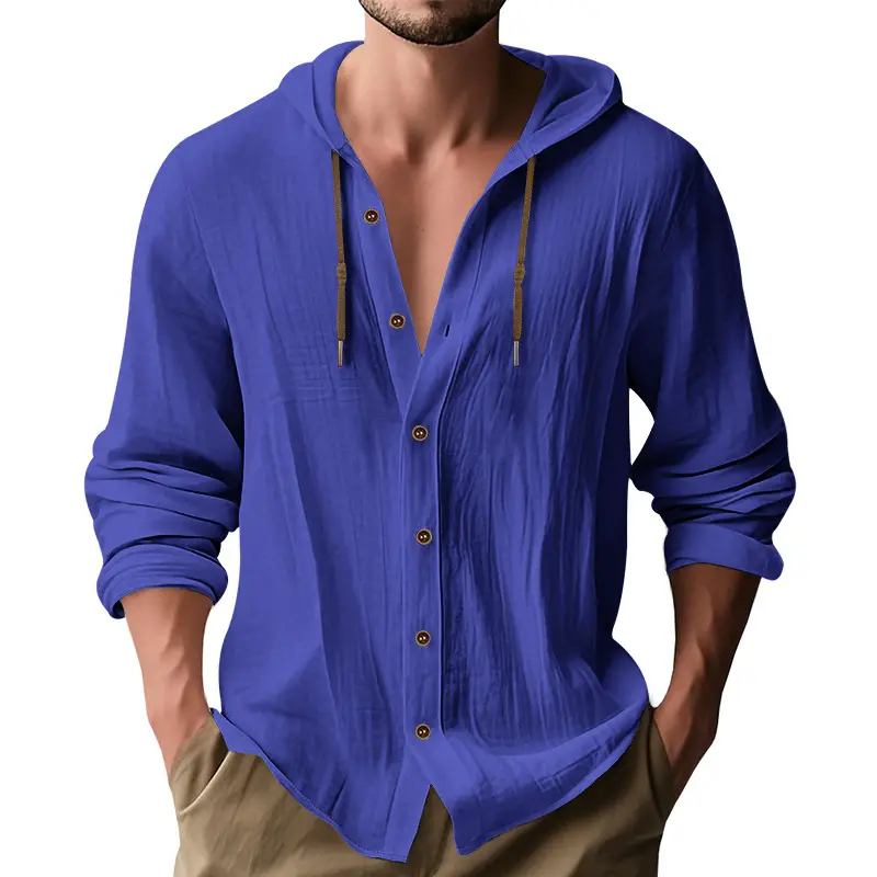 Men Light Blue Hooded Drawstring Shirt Cotton Linen Casual Long Sleeve - Image 11