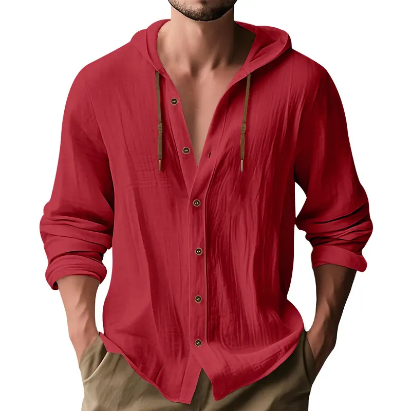 Men Light Blue Hooded Drawstring Shirt Cotton Linen Casual Long Sleeve - Image 14