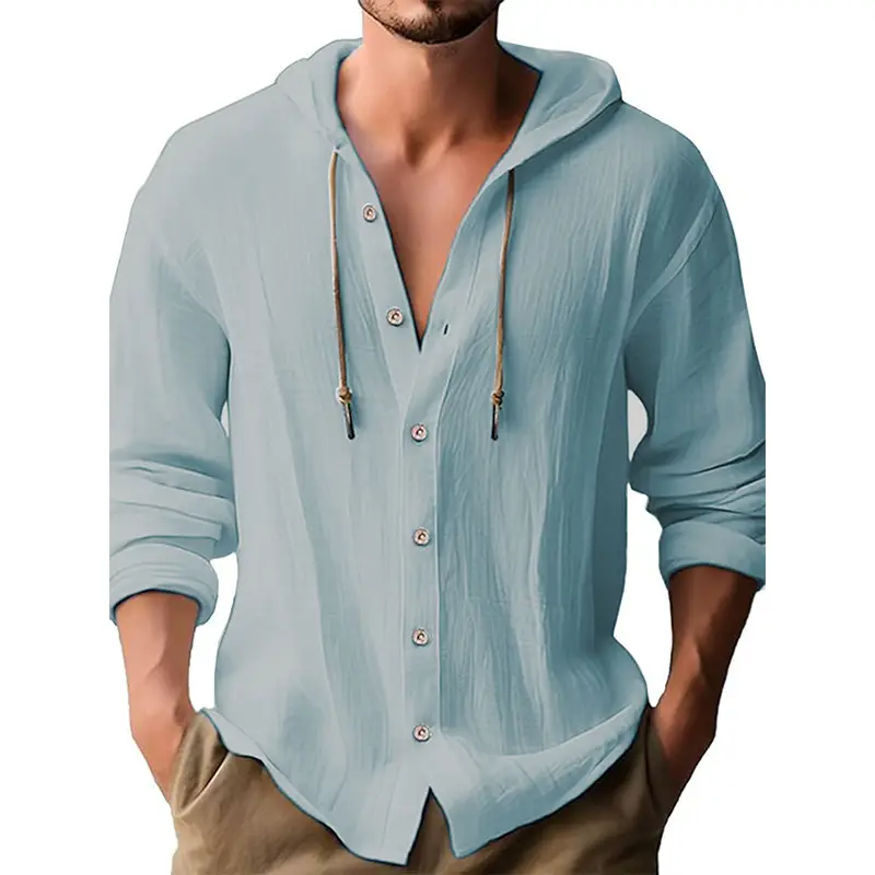 Men Light Blue Hooded Drawstring Shirt Cotton Linen Casual Long Sleeve - Image 9