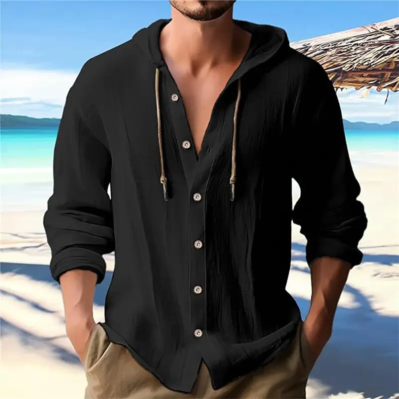 Men Light Blue Hooded Drawstring Shirt Cotton Linen Casual Long Sleeve - Image 4