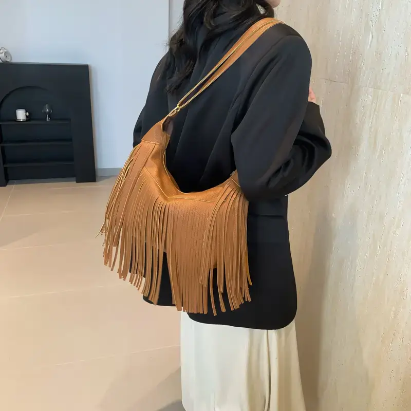Vintage Tassel Crossbody Bag Brown Large Capacity - Image 7
