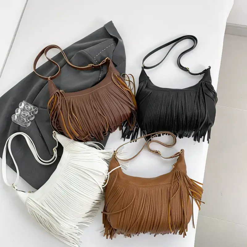 Vintage Tassel Crossbody Bag Brown Large Capacity - Image 8