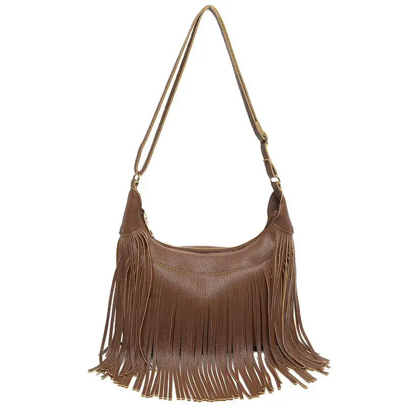Vintage Tassel Crossbody Bag Brown Large Capacity - Image 9