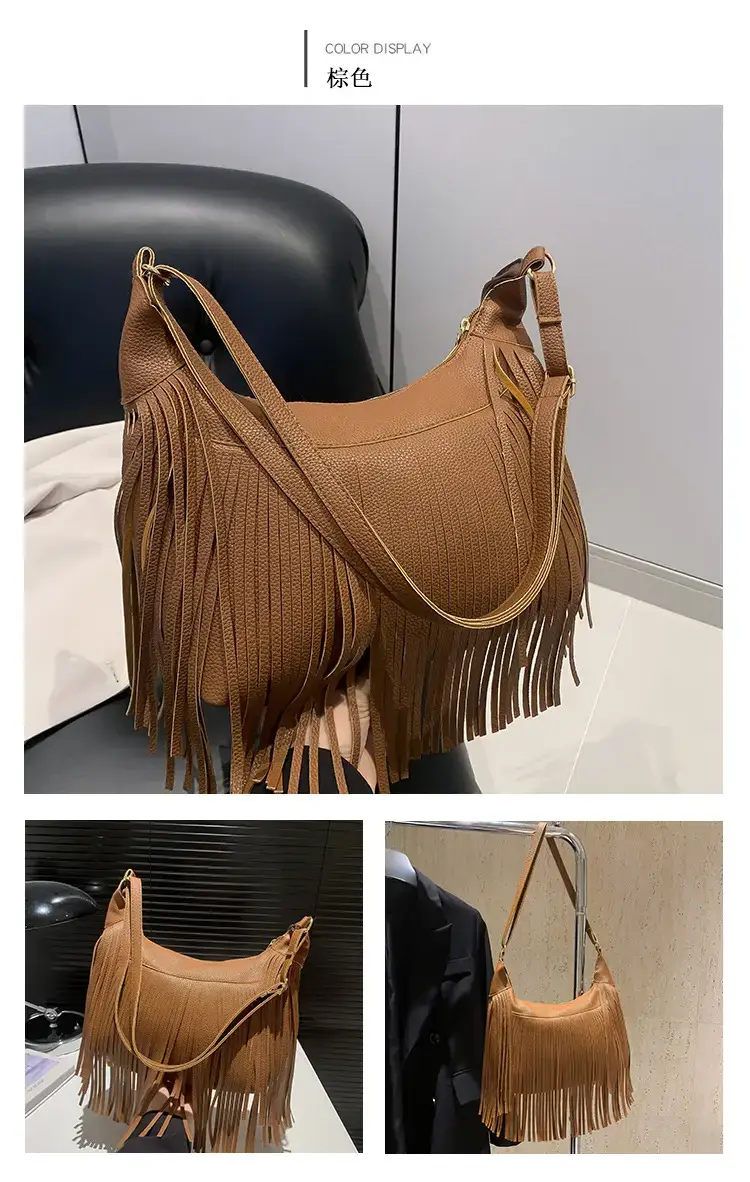 Vintage Tassel Crossbody Bag Brown Large Capacity — feature 20