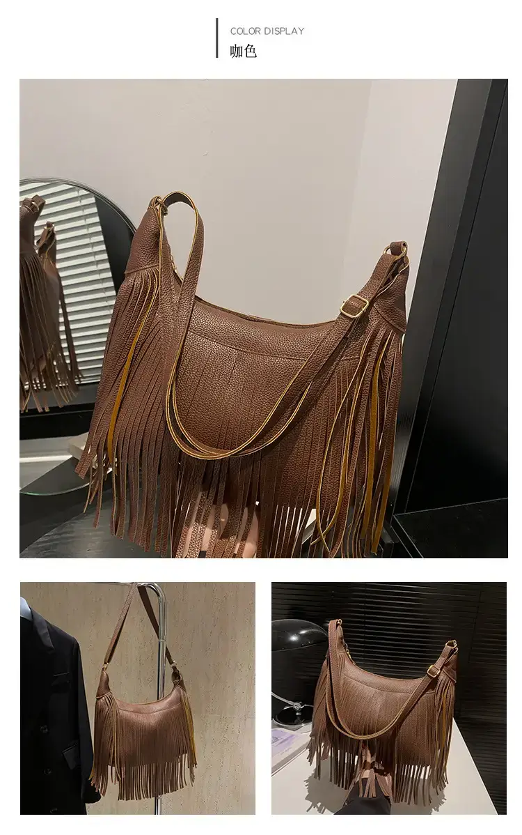 Vintage Tassel Crossbody Bag Brown Large Capacity — feature 21