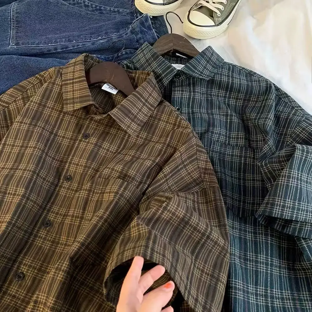 Japanese Plaid Short Sleeve Shirt Men Summer - Image 10
