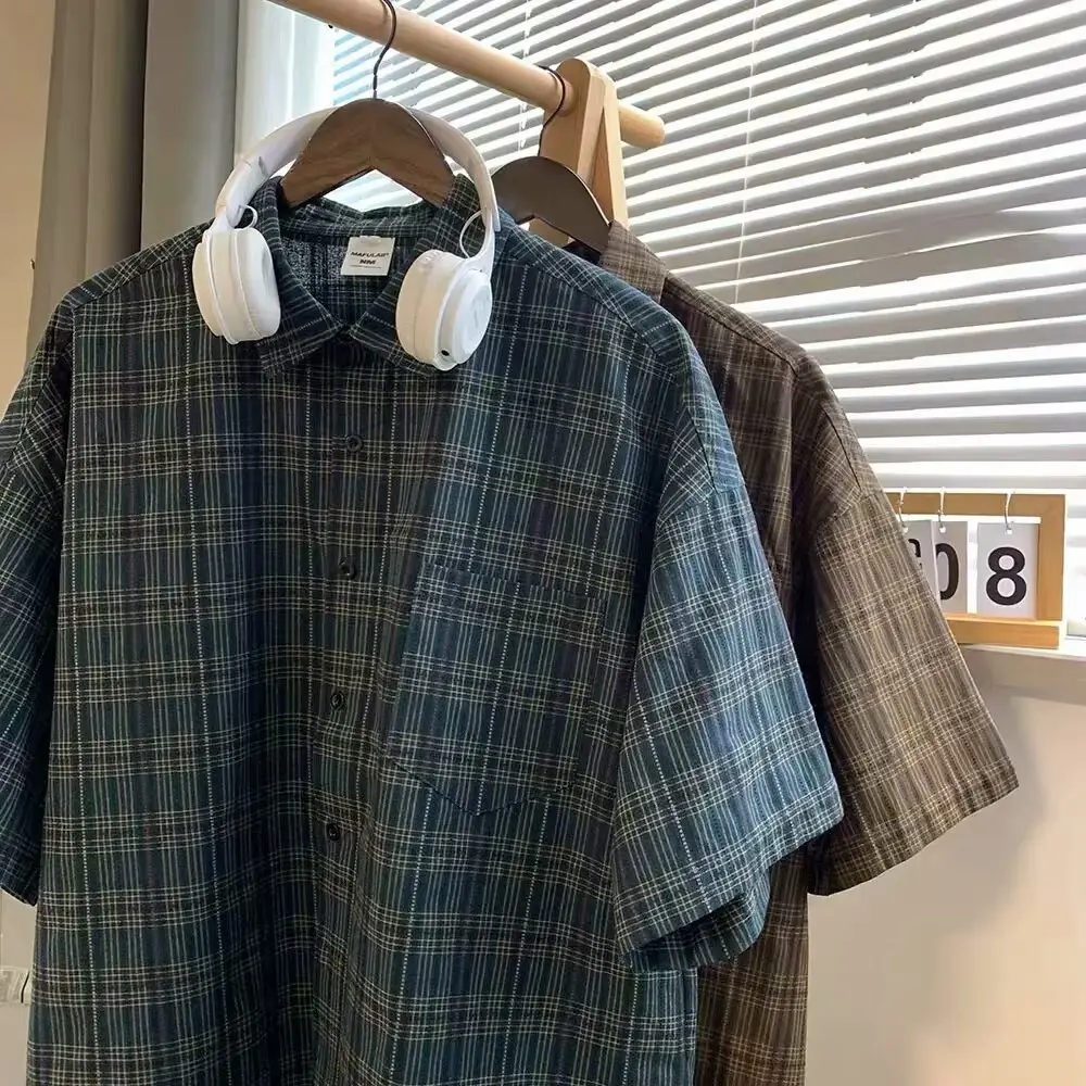 Japanese Plaid Short Sleeve Shirt Men Summer - Image 11