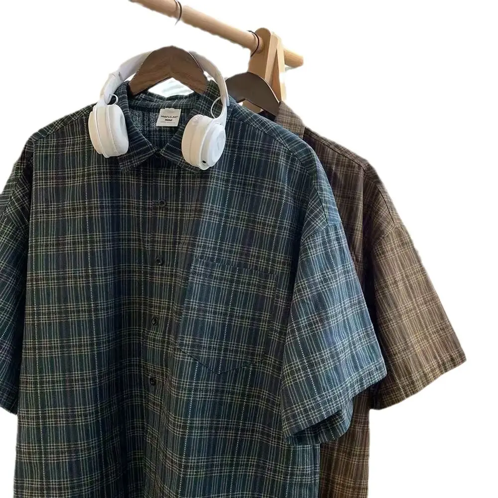 Japanese Plaid Short Sleeve Shirt Men Summer - Image 13