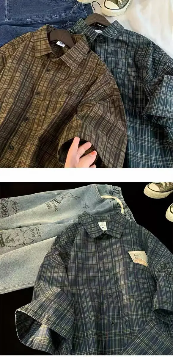 Japanese Plaid Short Sleeve Shirt Men Summer — feature 10