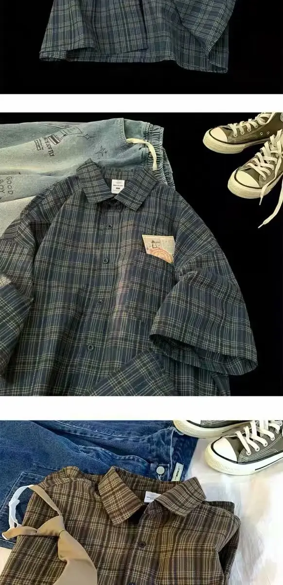 Japanese Plaid Short Sleeve Shirt Men Summer — feature 12