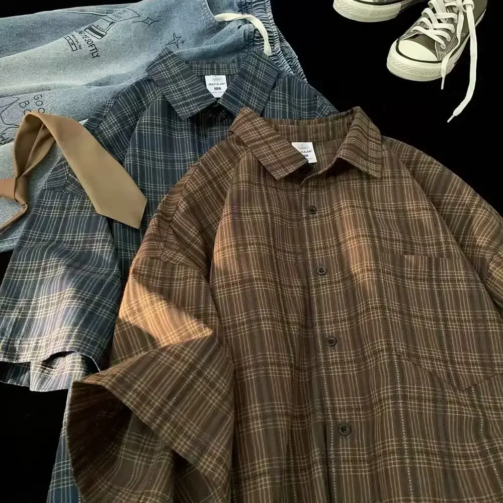 Japanese Plaid Short Sleeve Shirt Men Summer - Image 2