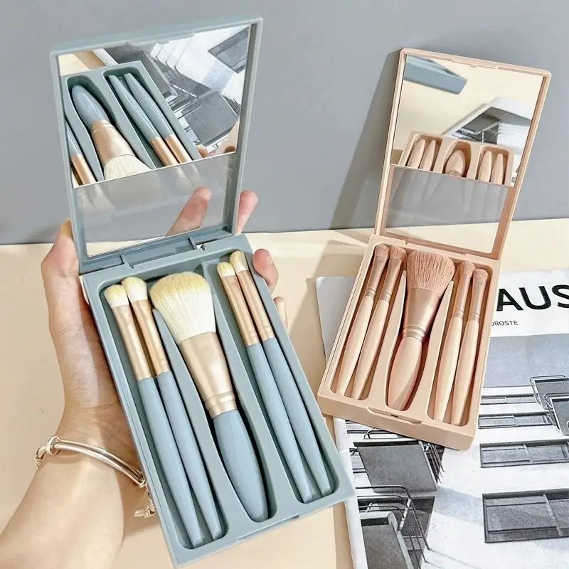 5 Pcs Rose Gold Makeup Brushes Set with Mirror - Image 6