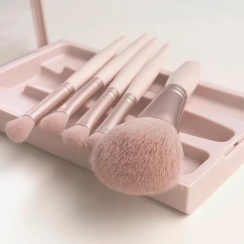 5 Pcs Rose Gold Makeup Brushes Set with Mirror - Image 8
