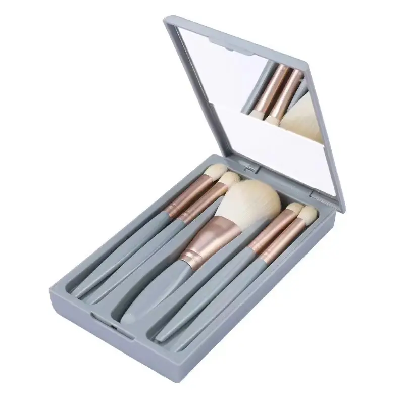 5 Pcs Rose Gold Makeup Brushes Set with Mirror - Image 9