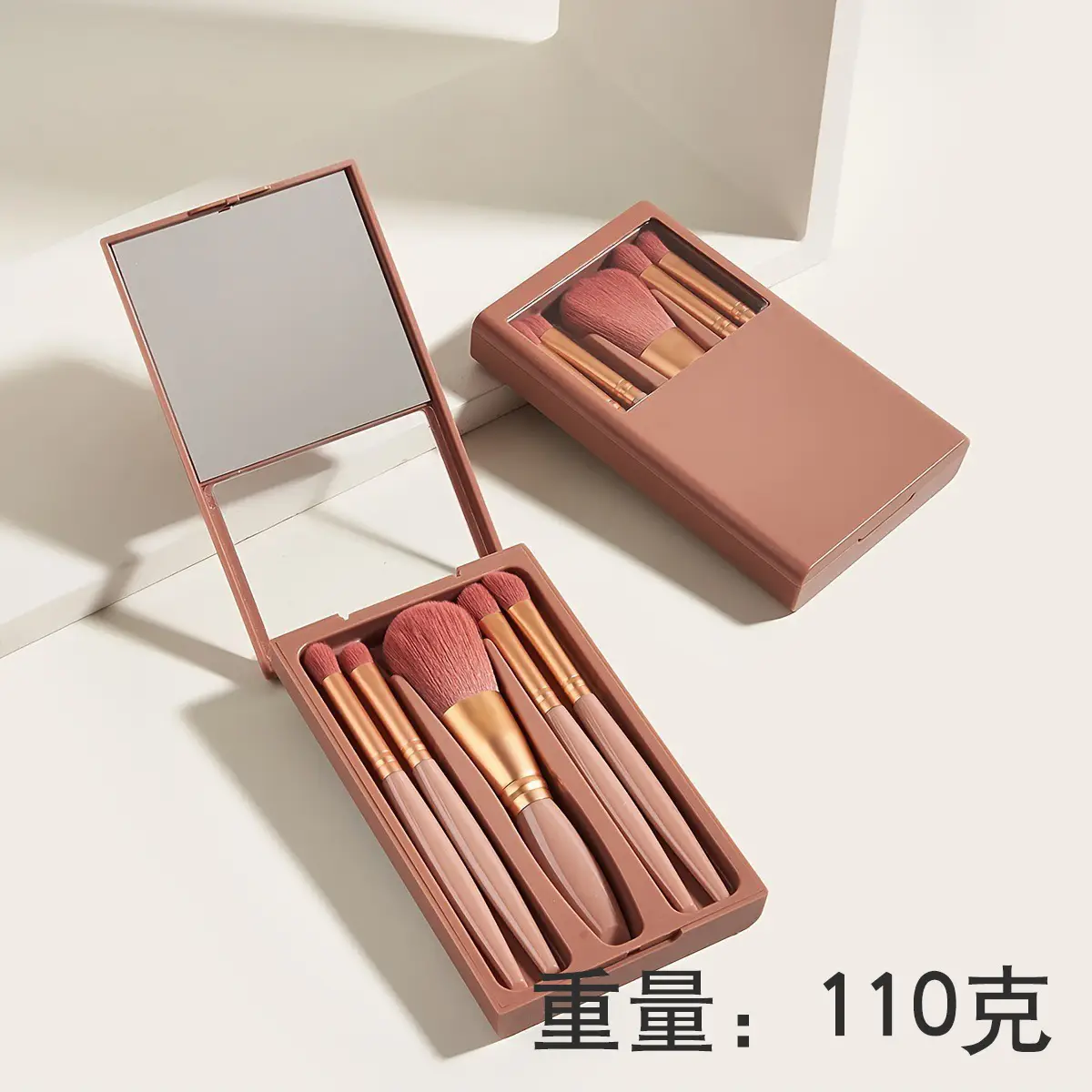5 Pcs Rose Gold Makeup Brushes Set with Mirror - Image 2