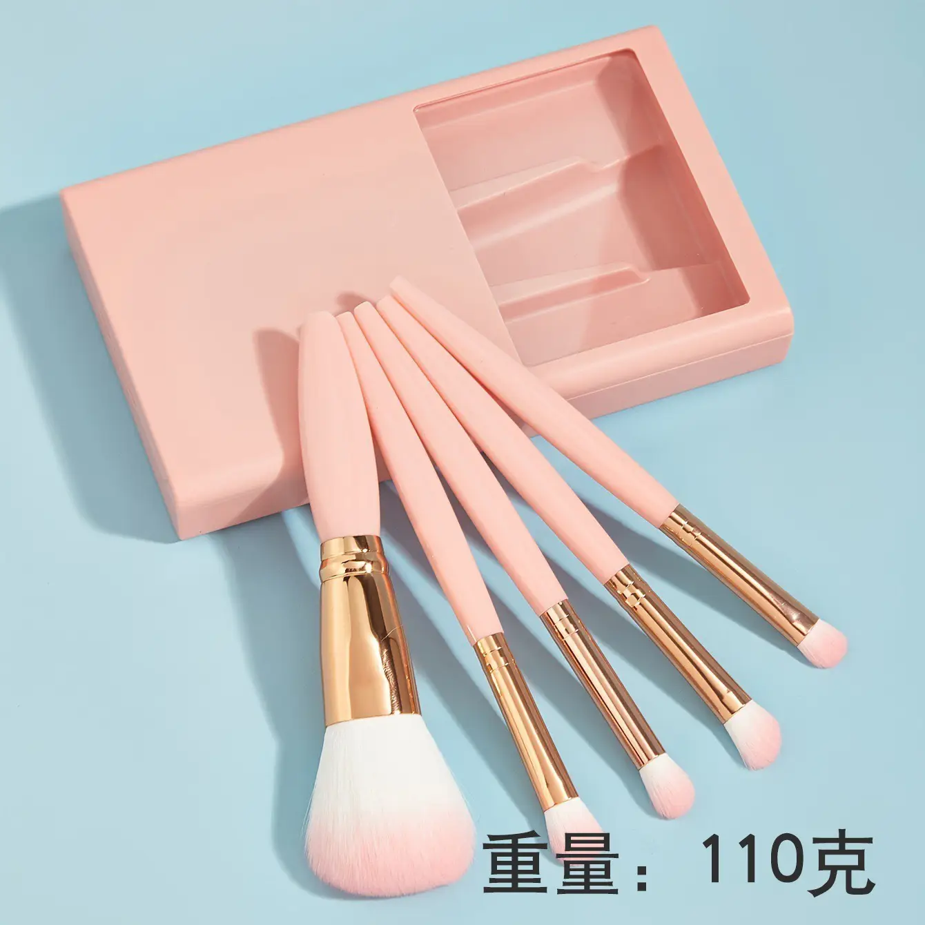 5 Pcs Rose Gold Makeup Brushes Set with Mirror - Image 3