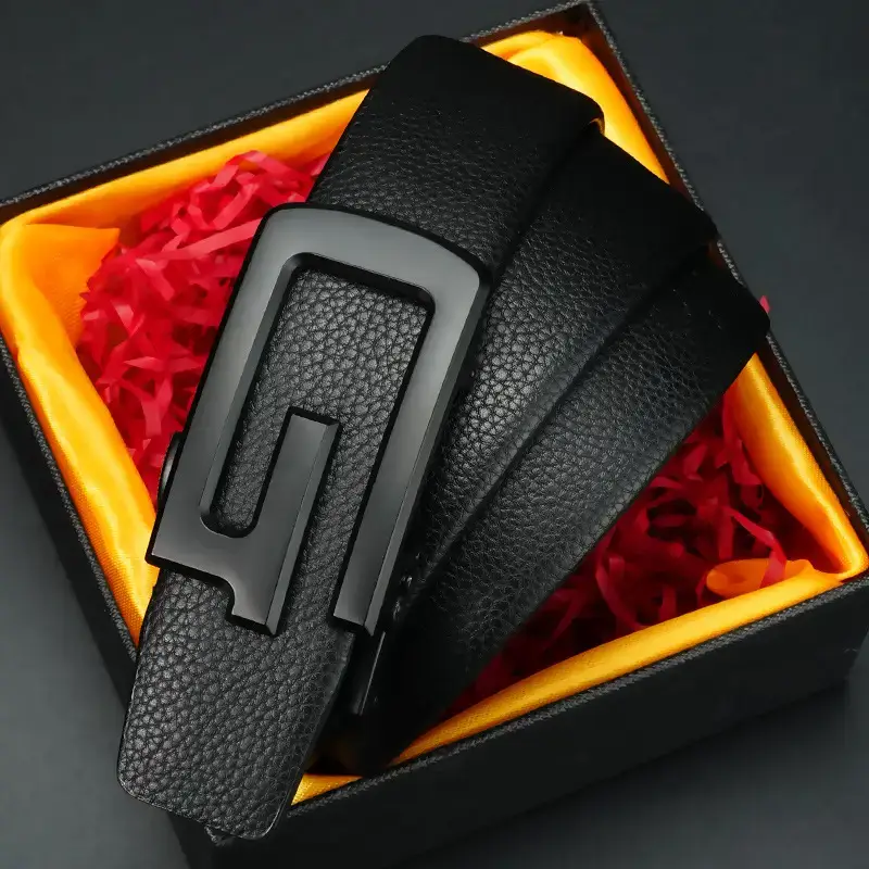 Men's Black Leather Belt with Automatic Buckle - Image 5