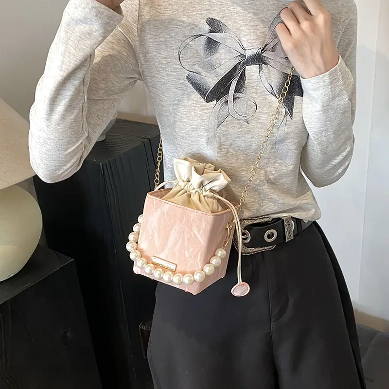 Pearl Chain Bucket Bag Women Pink 2024 Spring Summer - Image 9