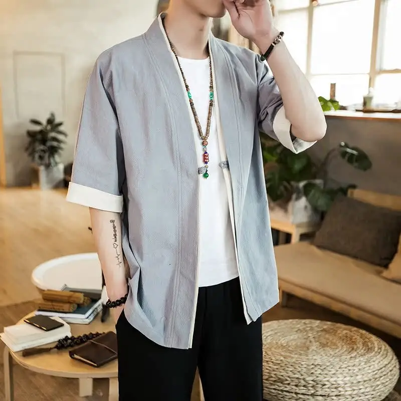 Men Linen Tang Suit Half Sleeve Dao Gown Kimono