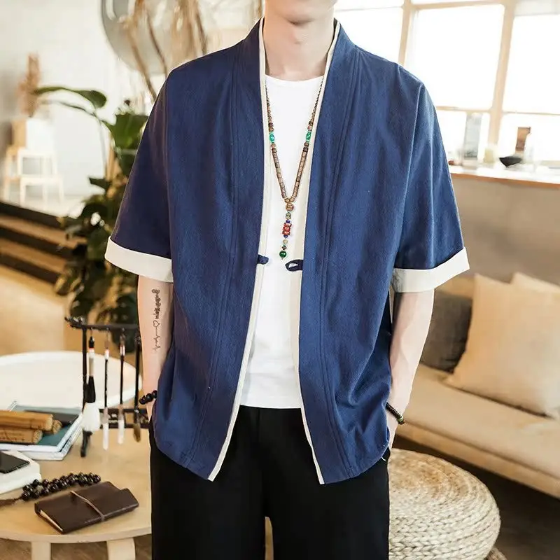 Men Linen Tang Suit Half Sleeve Dao Gown Kimono