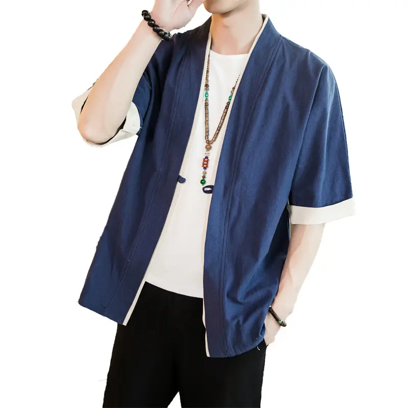 Men Linen Tang Suit Half Sleeve Dao Gown Kimono