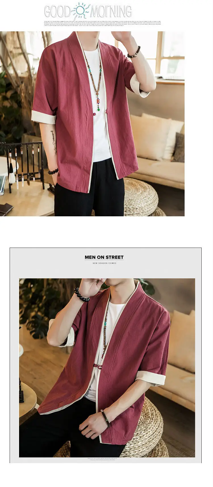 Men Linen Tang Suit Half Sleeve Dao Gown Kimono — feature 10