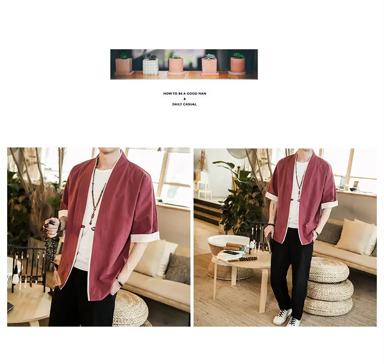 Men Linen Tang Suit Half Sleeve Dao Gown Kimono — feature 11