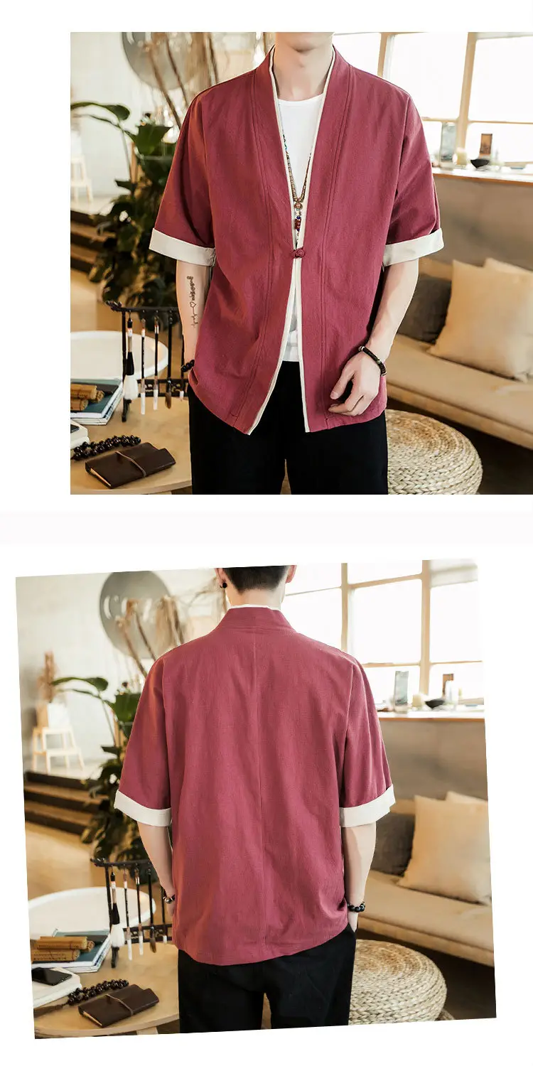 Men Linen Tang Suit Half Sleeve Dao Gown Kimono — feature 12
