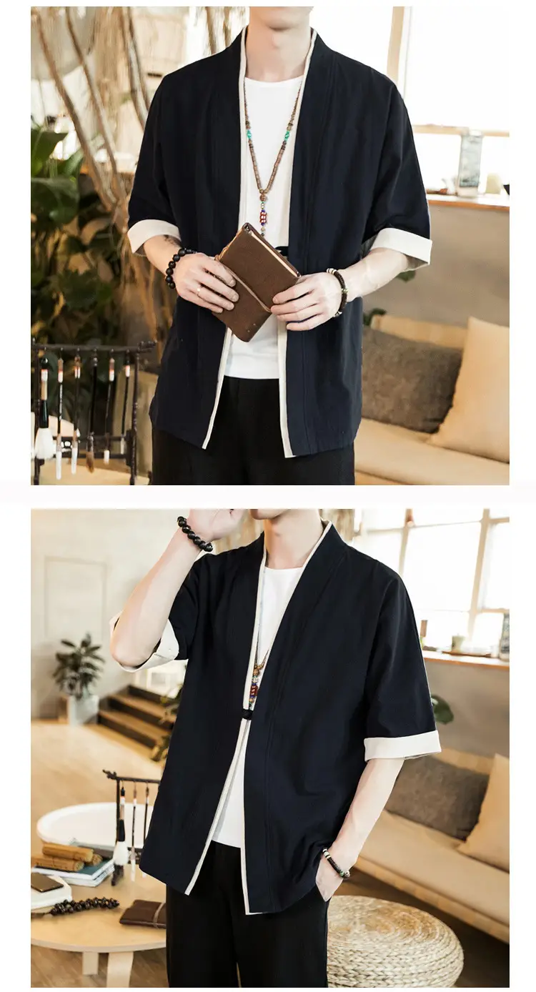 Men Linen Tang Suit Half Sleeve Dao Gown Kimono — feature 13