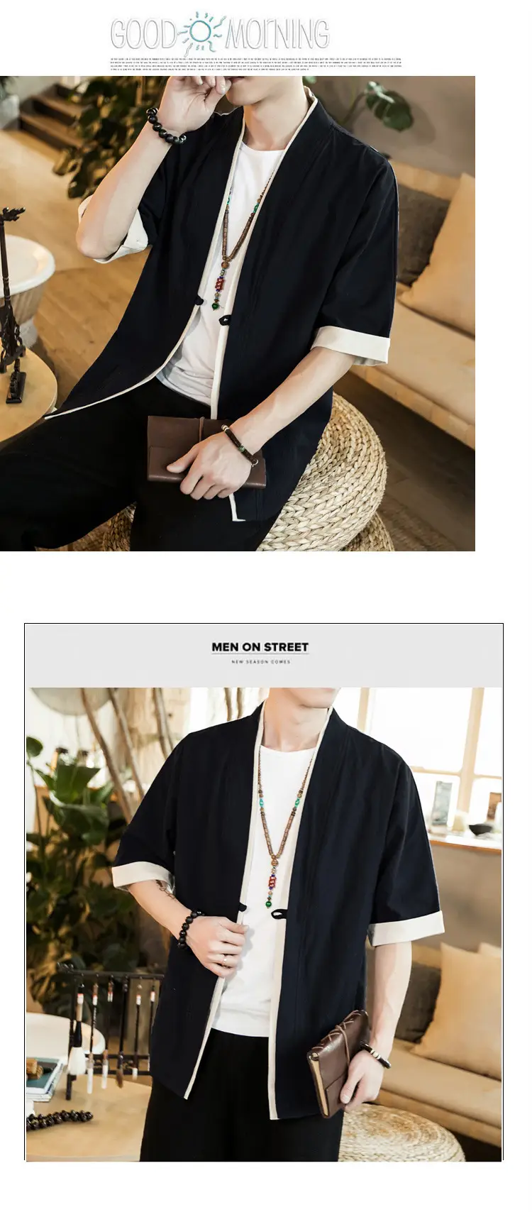 Men Linen Tang Suit Half Sleeve Dao Gown Kimono — feature 14