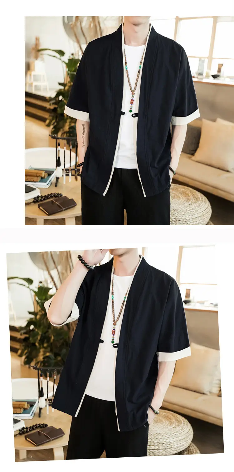 Men Linen Tang Suit Half Sleeve Dao Gown Kimono — feature 15