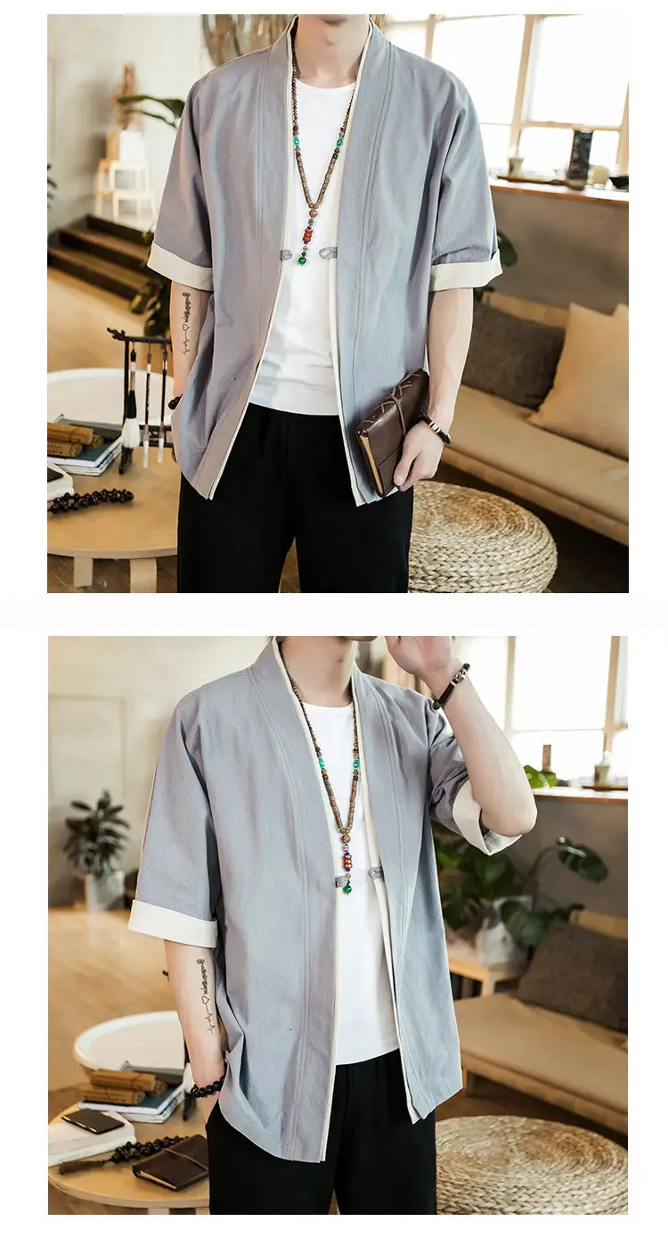 Men Linen Tang Suit Half Sleeve Dao Gown Kimono — feature 3