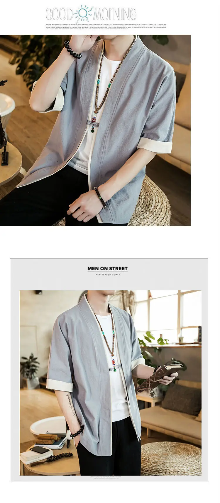 Men Linen Tang Suit Half Sleeve Dao Gown Kimono — feature 4