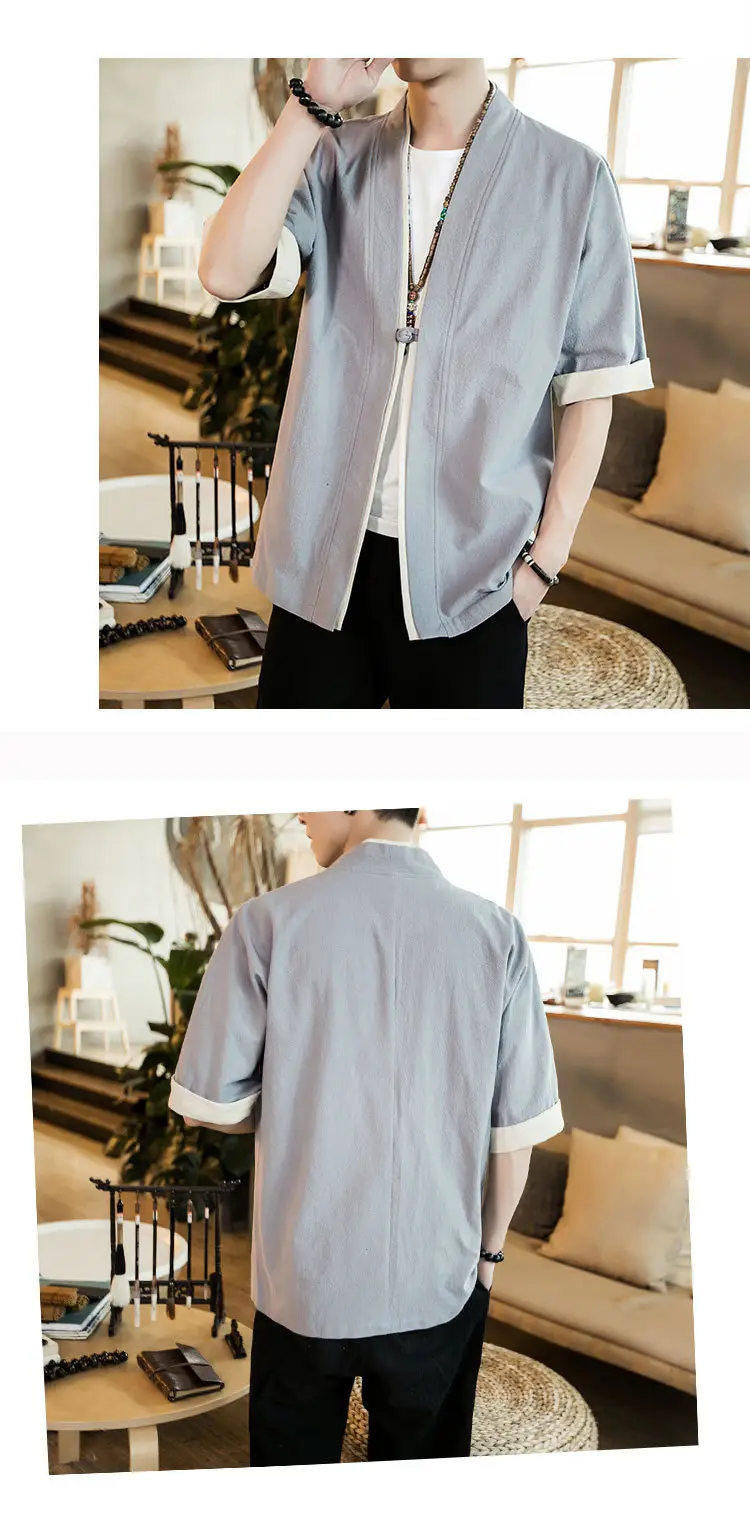 Men Linen Tang Suit Half Sleeve Dao Gown Kimono — feature 5